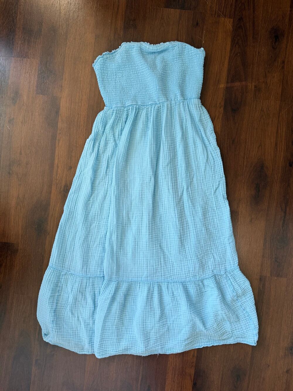 Anthropologie Strapless Tiered Gauze Cotton Maxi Dress Blue Sz M